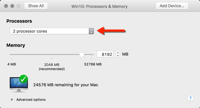 VMWare Fusion Settings - Processors and Memory